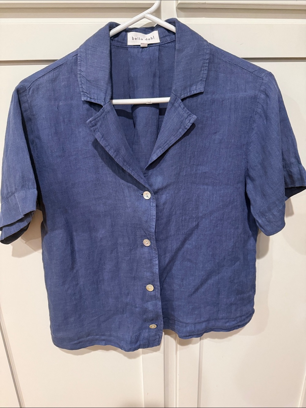 Bella Dahl Blue Linen Short Sleeve Button-Up Top
